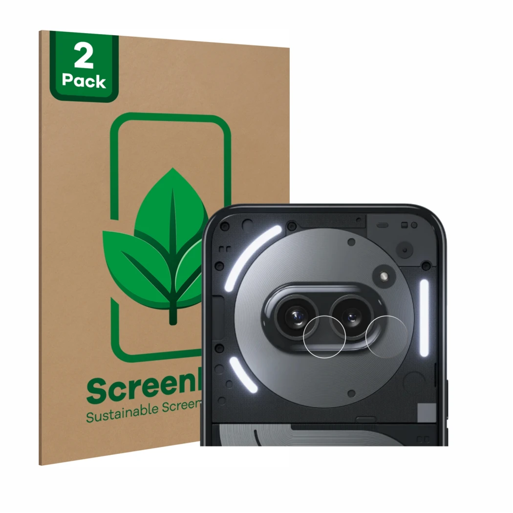 Parte frontal de un envase de producto con el logotipo de la marca ScreenLeaf. Al lado se muestra el dispositivo Nothing Phone