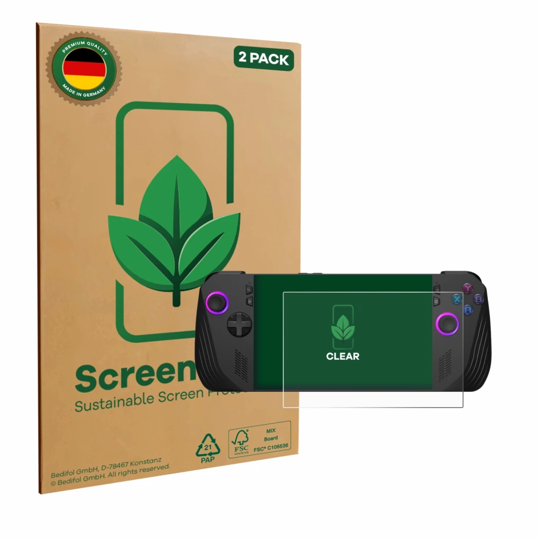 Parte frontal de un envase de producto con el logotipo de la marca ScreenLeaf. Al lado se muestra el dispositivo ASUS ROG Ally