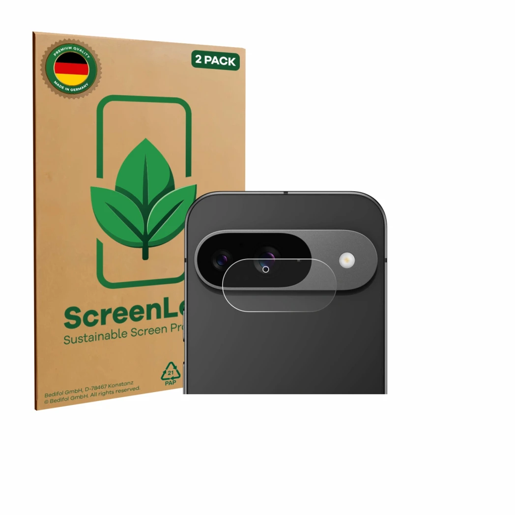 Parte frontal de un envase de producto con el logotipo de la marca ScreenLeaf. Al lado se muestra el dispositivo Google Pixel 