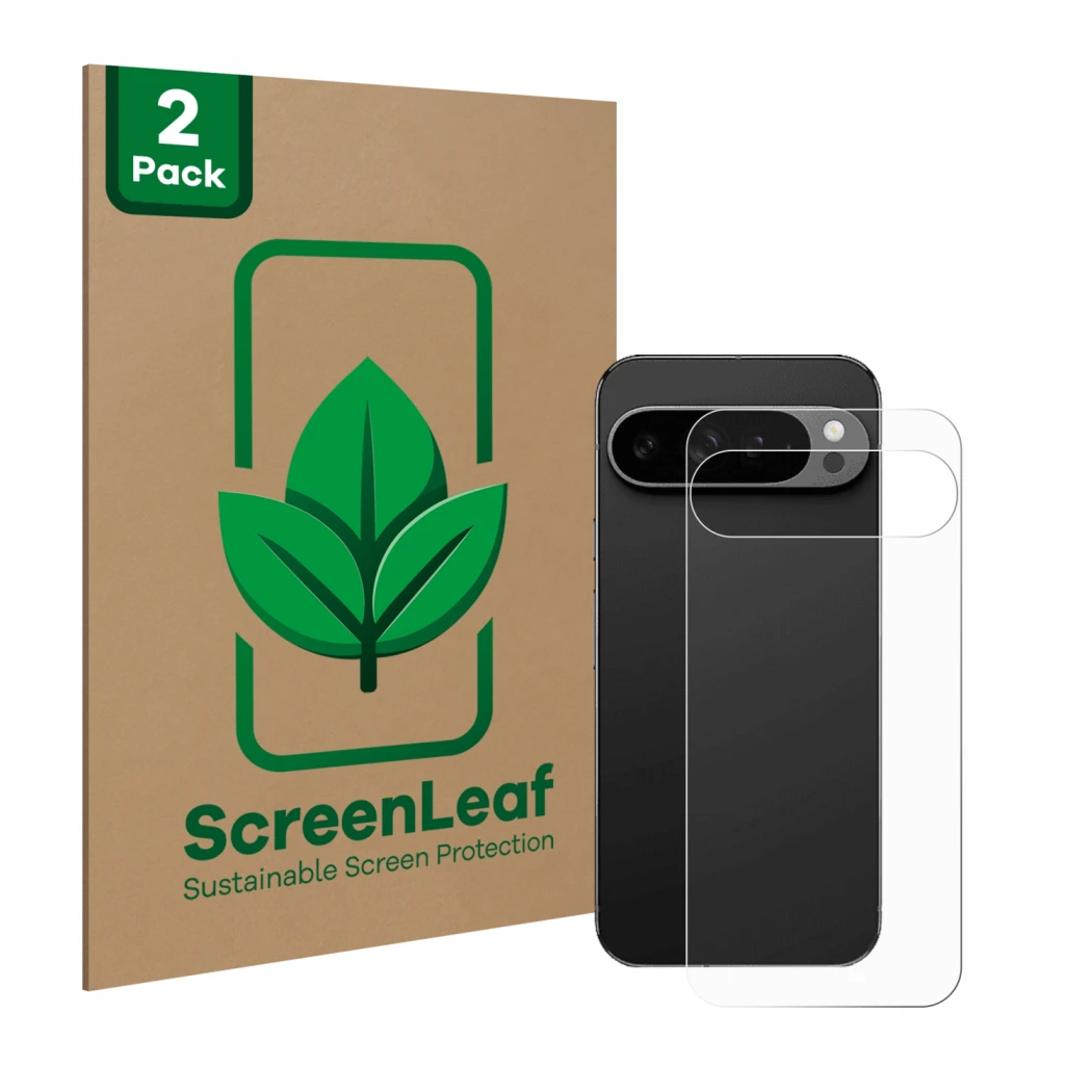 Parte frontal de un envase de producto con el logotipo de la marca ScreenLeaf. Al lado se muestra el dispositivo Google Pixel 