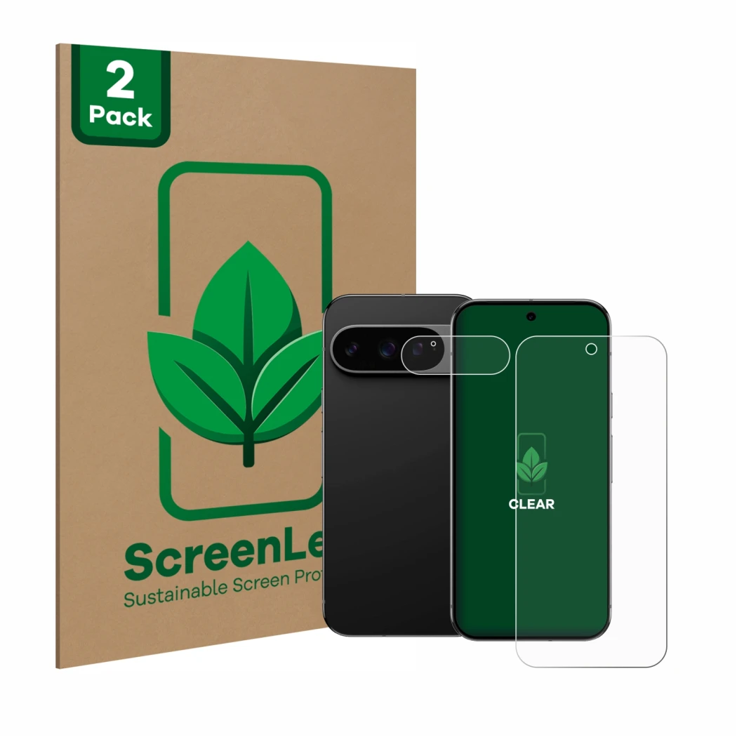 Parte frontal de un envase de producto con el logotipo de la marca ScreenLeaf. Al lado se muestra el dispositivo Google Pixel 