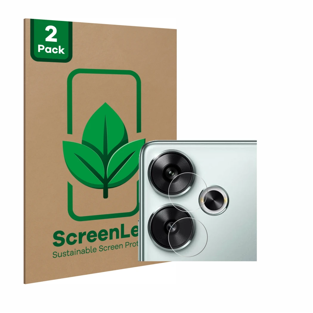 Parte frontal de un envase de producto con el logotipo de la marca ScreenLeaf. Al lado se muestra el dispositivo Xiaomi Poco F