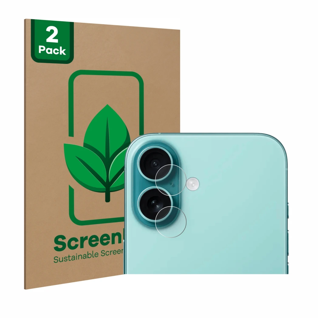 Parte frontal de un envase de producto con el logotipo de la marca ScreenLeaf. Al lado se muestra el dispositivo Apple iPhone 