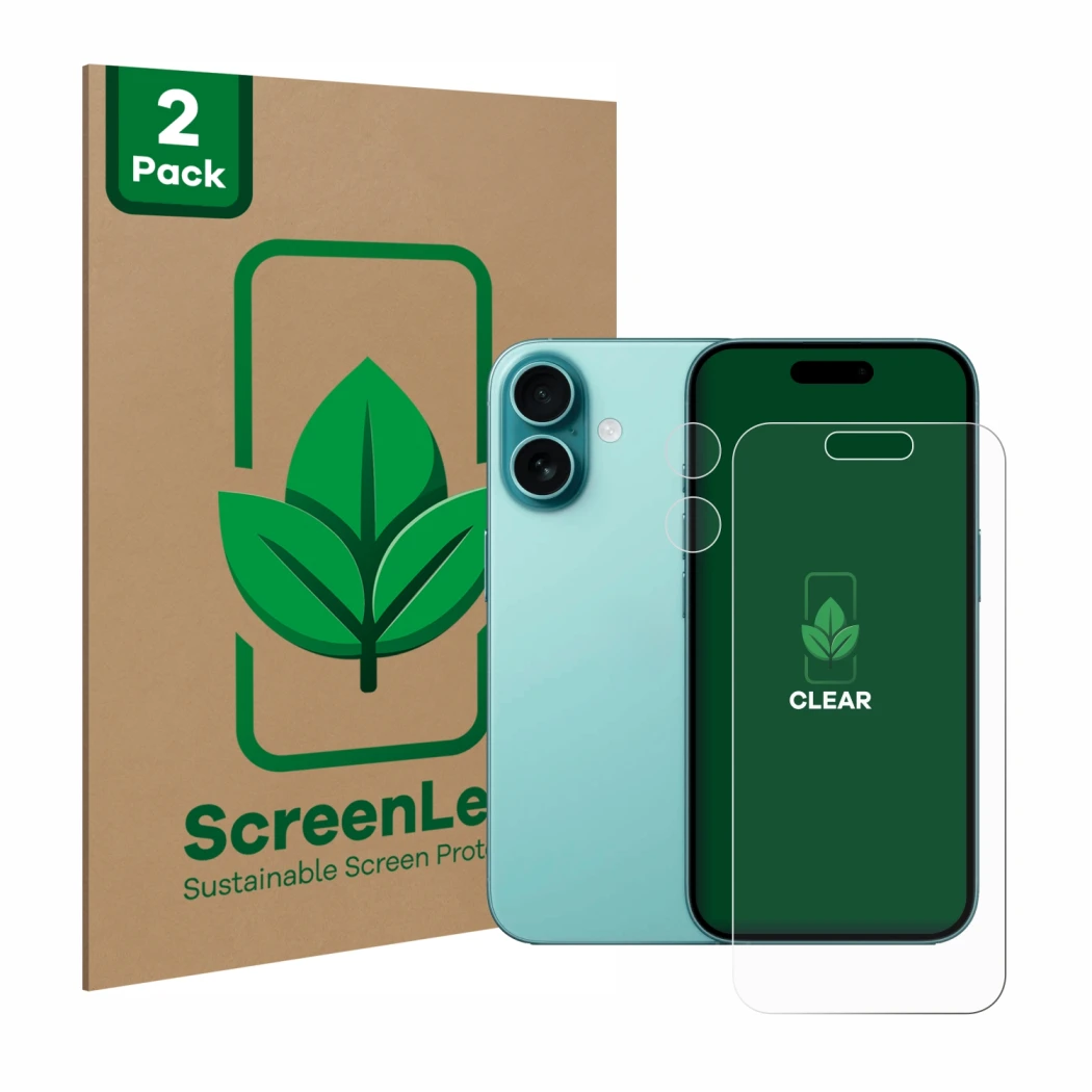 Parte frontal de un envase de producto con el logotipo de la marca ScreenLeaf. Al lado se muestra el dispositivo Apple iPhone 