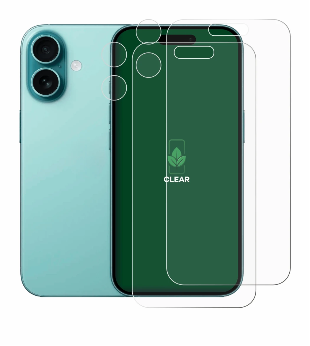 Imagen del dispositivo Apple iPhone 16 (Frontal+Cámara) con una amplia variedad de protectores de pantalla.