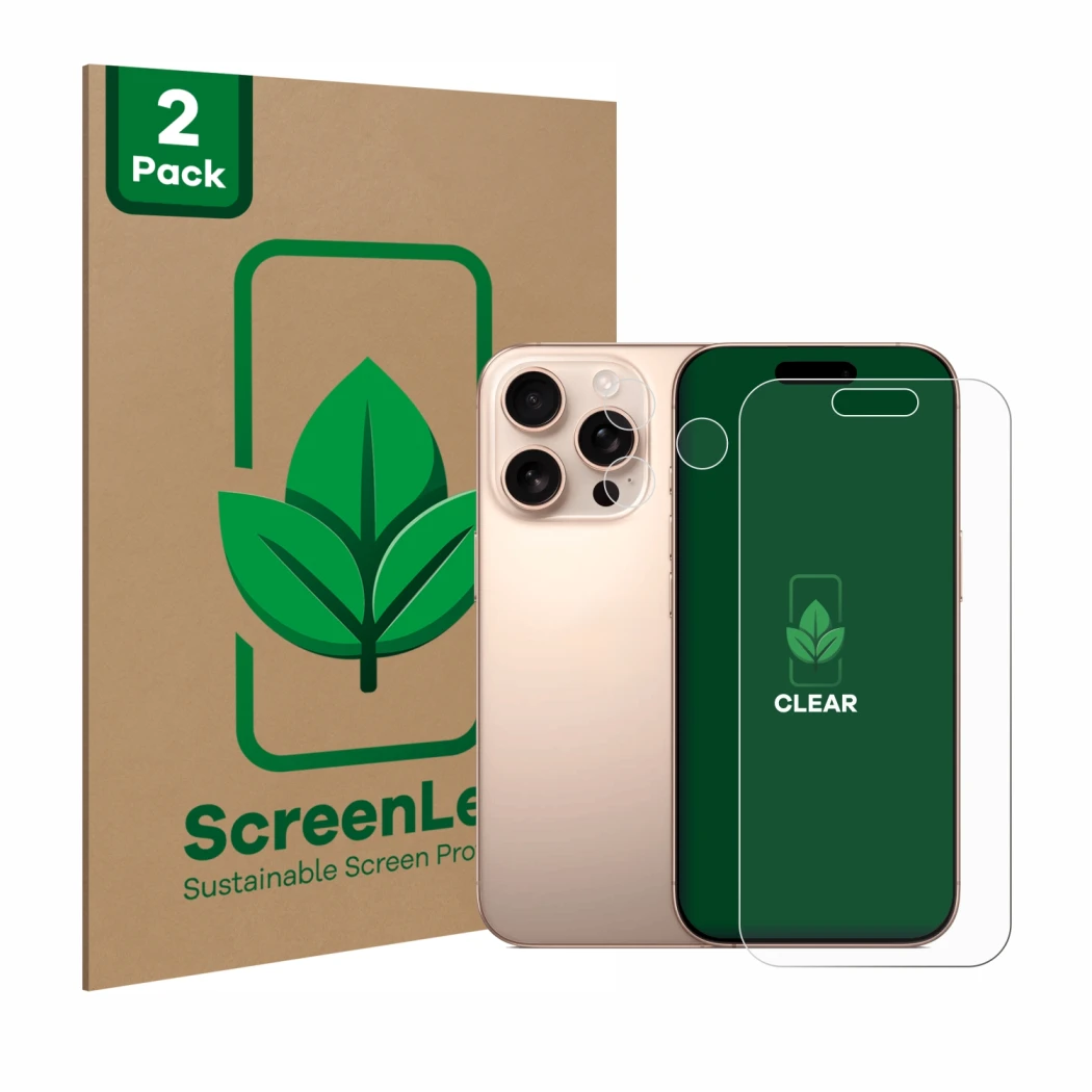 Parte frontal de un envase de producto con el logotipo de la marca ScreenLeaf. Al lado se muestra el dispositivo Apple iPhone 