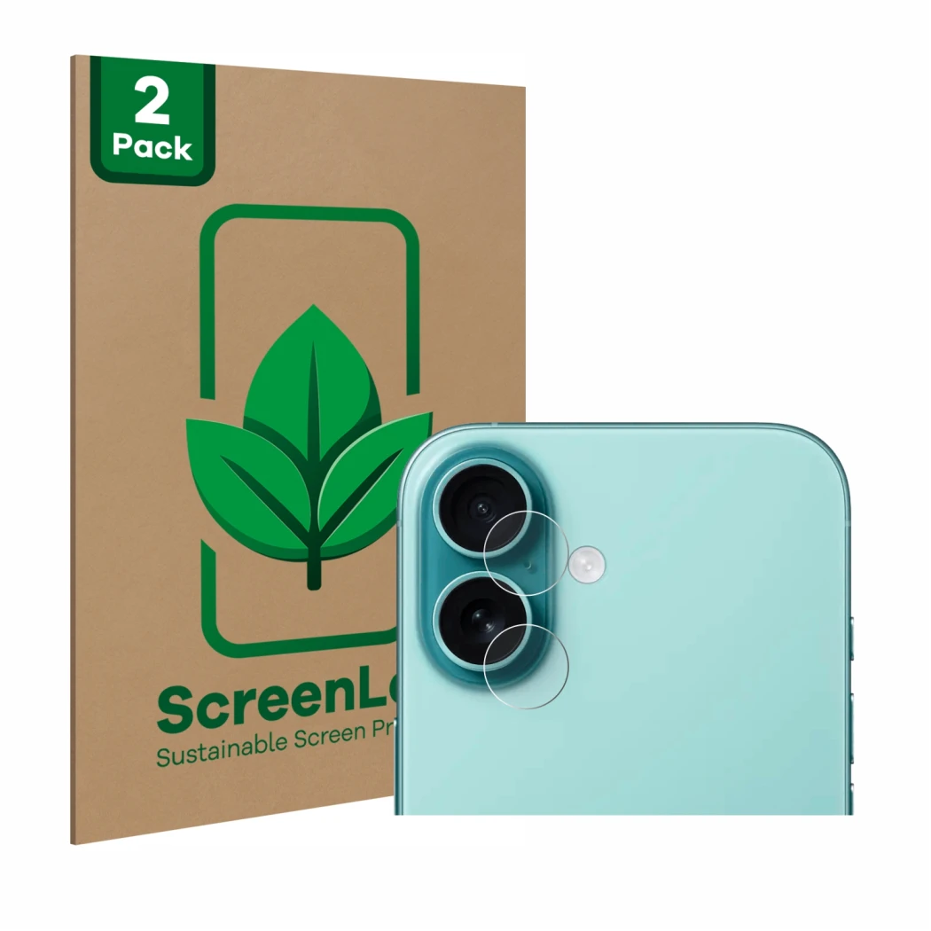 Parte frontal de un envase de producto con el logotipo de la marca ScreenLeaf. Al lado se muestra el dispositivo Apple iPhone 