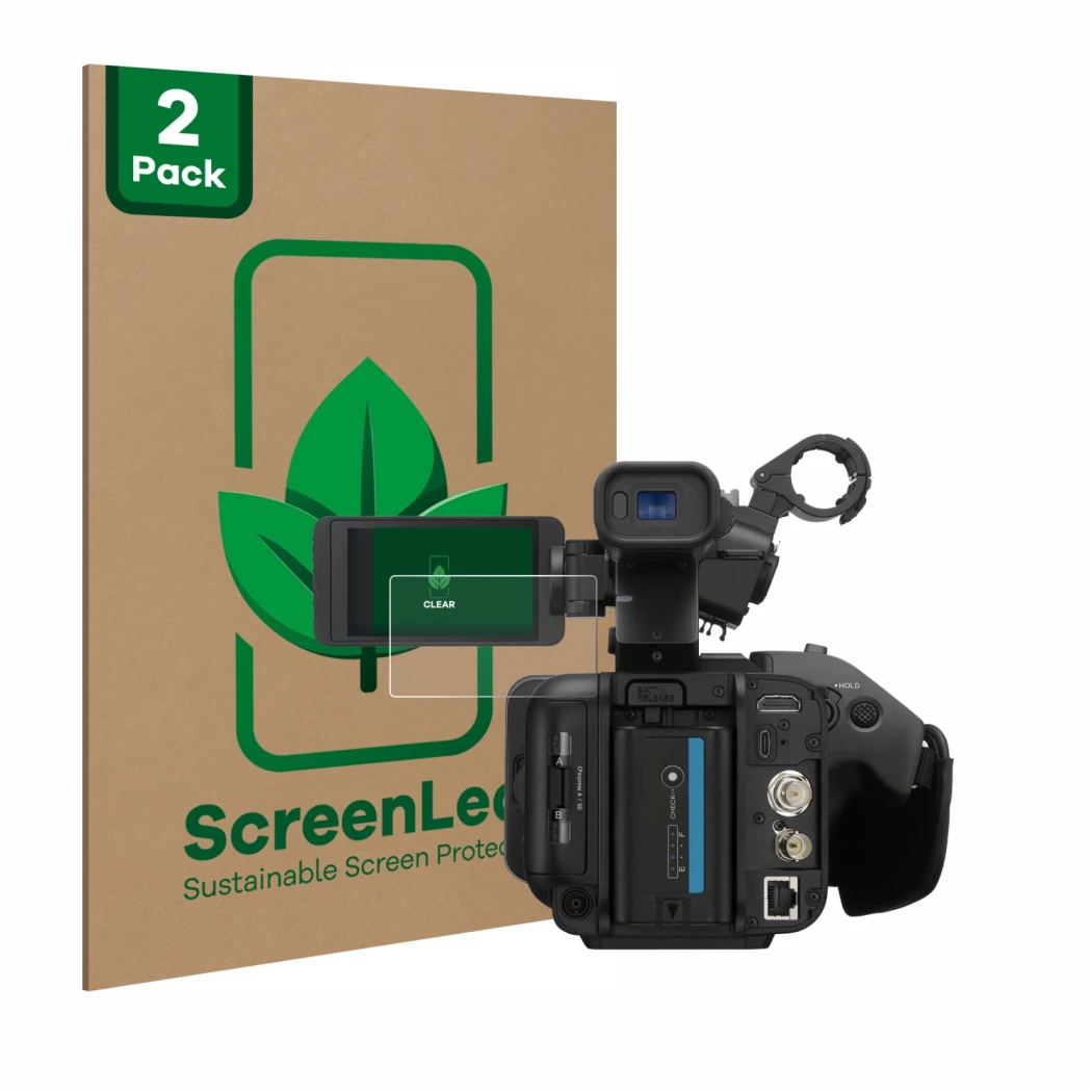 Parte frontal de un envase de producto con el logotipo de la marca ScreenLeaf. Al lado se muestra el dispositivo Sony PXW-Z200