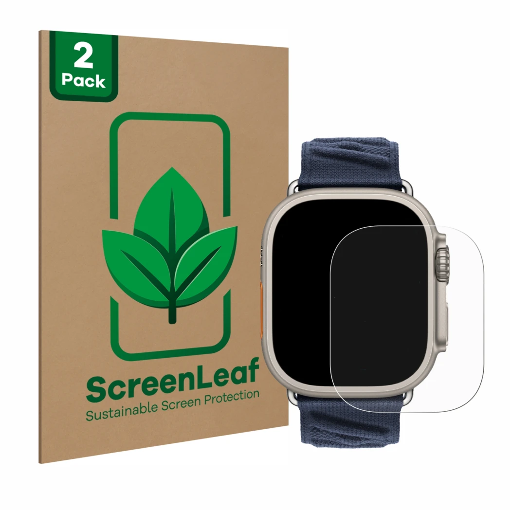Parte frontal de un envase de producto con el logotipo de la marca ScreenLeaf. Al lado se muestra el dispositivo Apple Watch H
