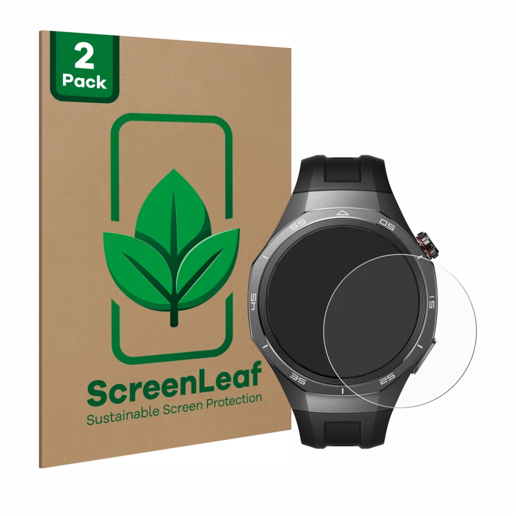 Parte frontal de un envase de producto con el logotipo de la marca ScreenLeaf. Al lado se muestra el dispositivo Huawei Watch 
