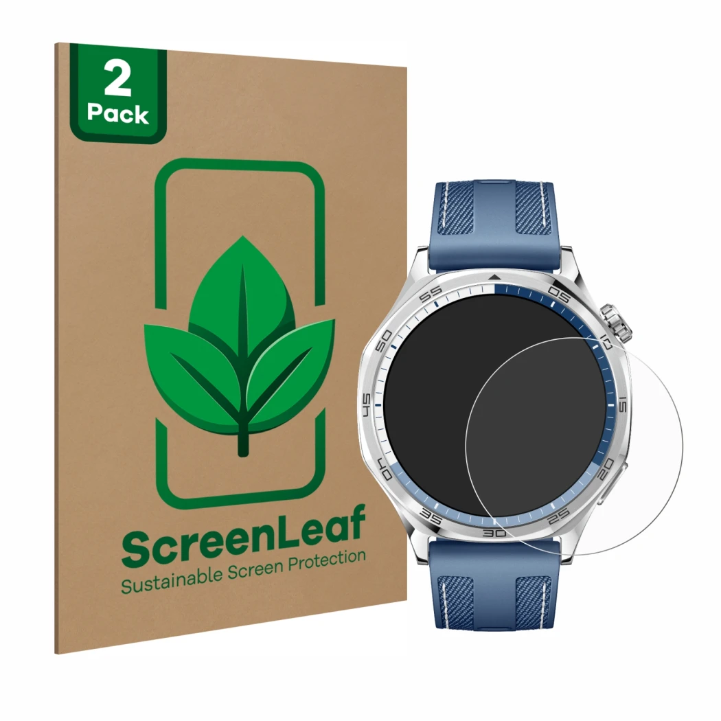 Parte frontal de un envase de producto con el logotipo de la marca ScreenLeaf. Al lado se muestra el dispositivo Huawei Watch 