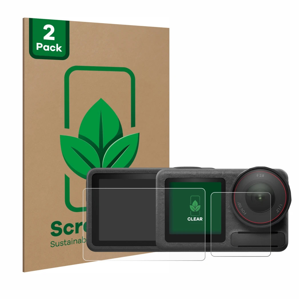 Parte frontal de un envase de producto con el logotipo de la marca ScreenLeaf. Al lado se muestra el dispositivo DJI Osmo Acti