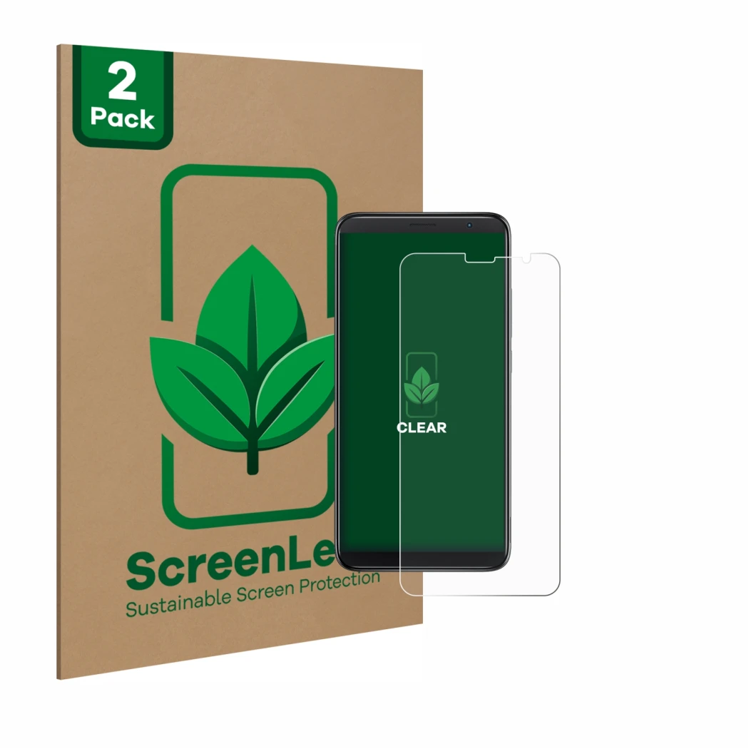 Parte frontal de un envase de producto con el logotipo de la marca ScreenLeaf. Al lado se muestra el dispositivo TCL 403 con s