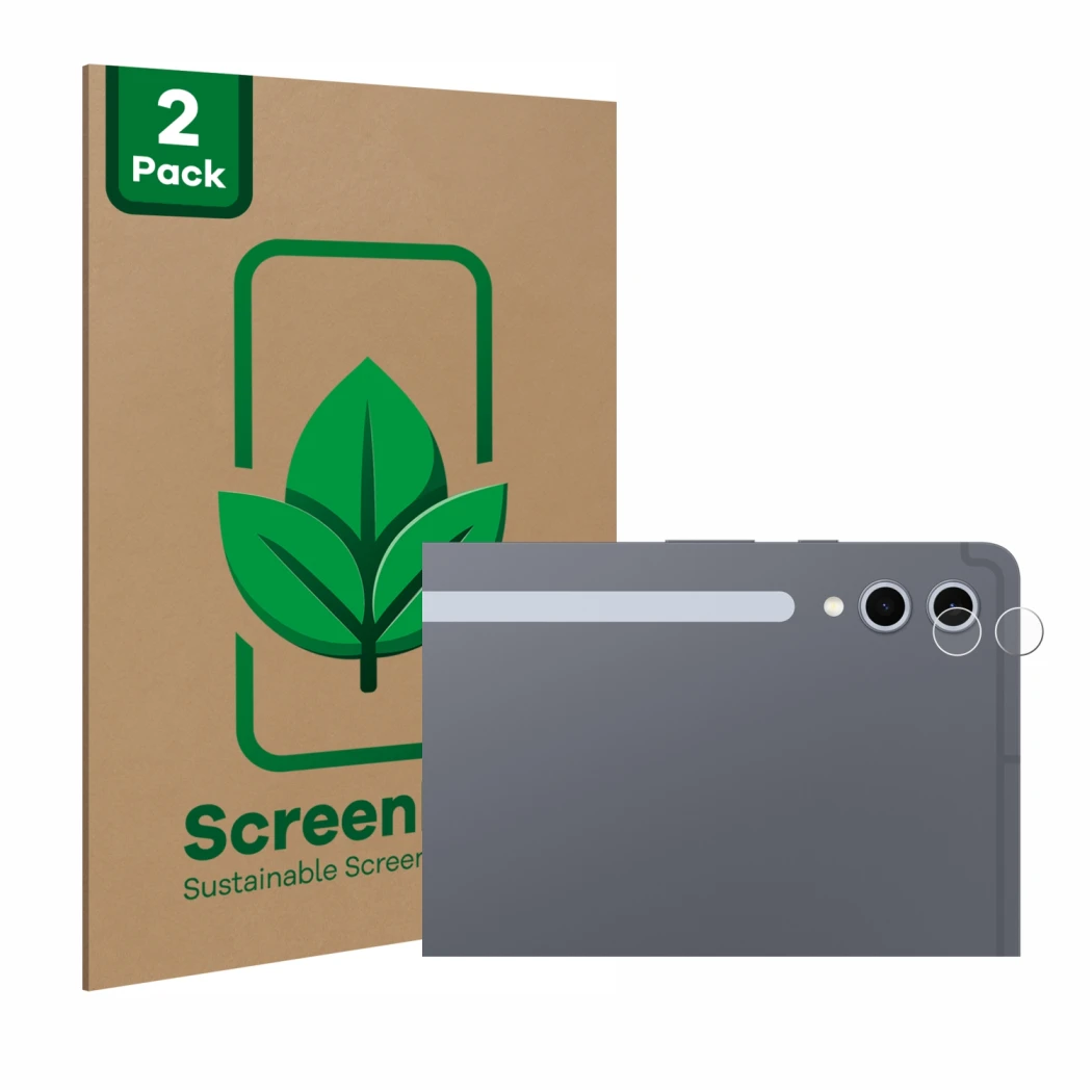 Parte frontal de un envase de producto con el logotipo de la marca ScreenLeaf. Al lado se muestra el dispositivo Samsung Galax