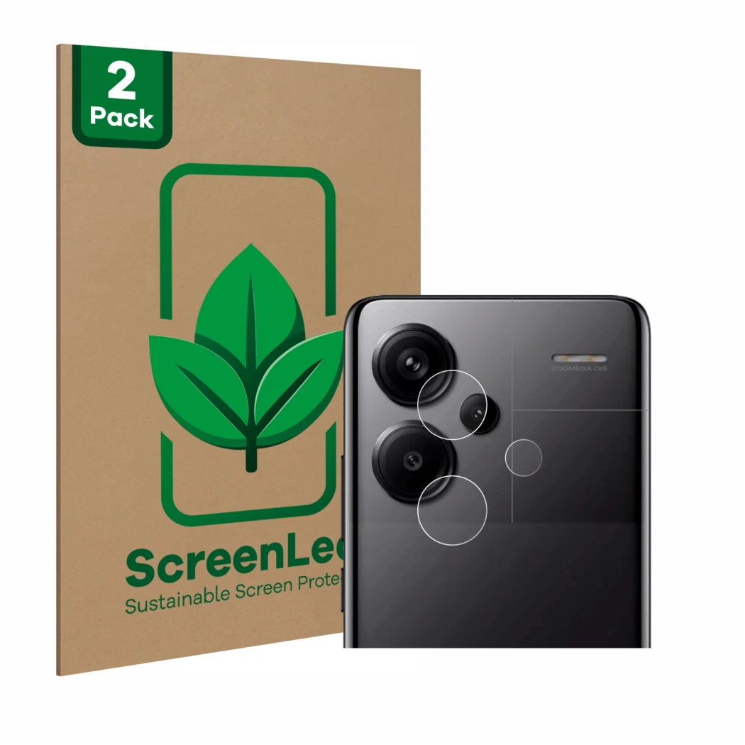 Parte frontal de un envase de producto con el logotipo de la marca ScreenLeaf. Al lado se muestra el dispositivo Xiaomi Redmi 