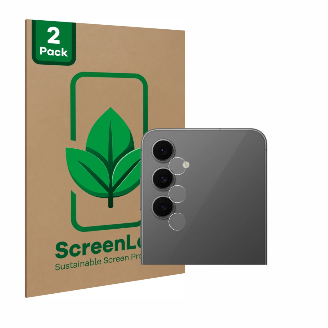 Parte frontal de un envase de producto con el logotipo de la marca ScreenLeaf. Al lado se muestra el dispositivo Samsung Galax