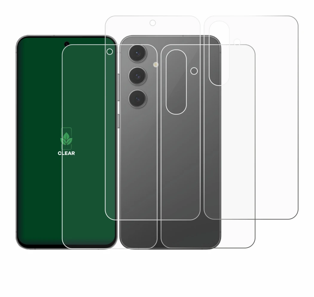 Imagen del dispositivo Samsung Galaxy S24 FE (Frontal+Trasero) con una amplia variedad de protectores de pantalla.