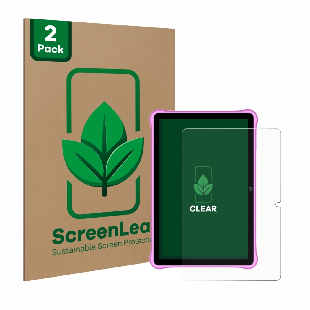 Parte frontal de un envase de producto con el logotipo de la marca ScreenLeaf. Al lado se muestra el dispositivo Blackview Tab