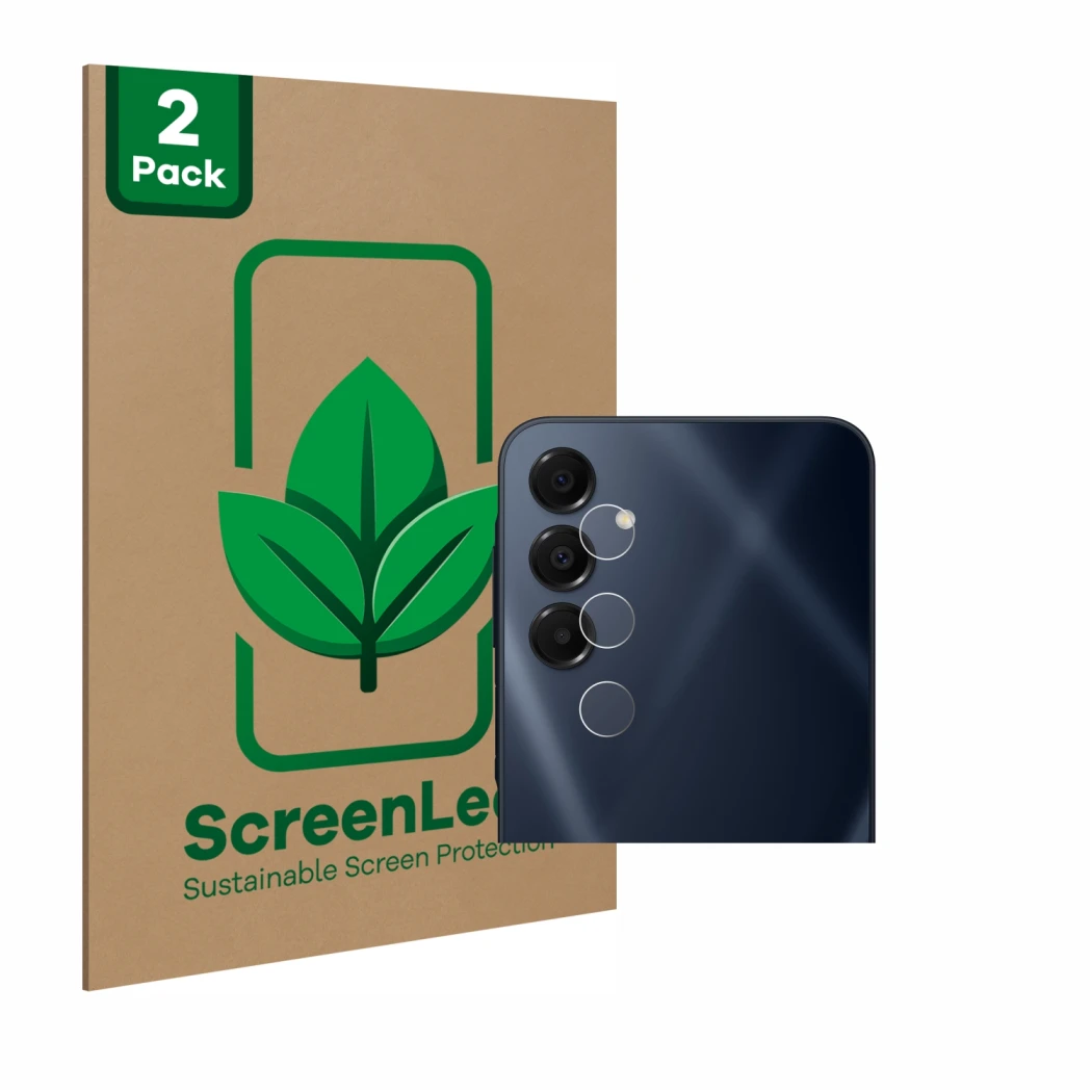 Parte frontal de un envase de producto con el logotipo de la marca ScreenLeaf. Al lado se muestra el dispositivo Samsung Galax