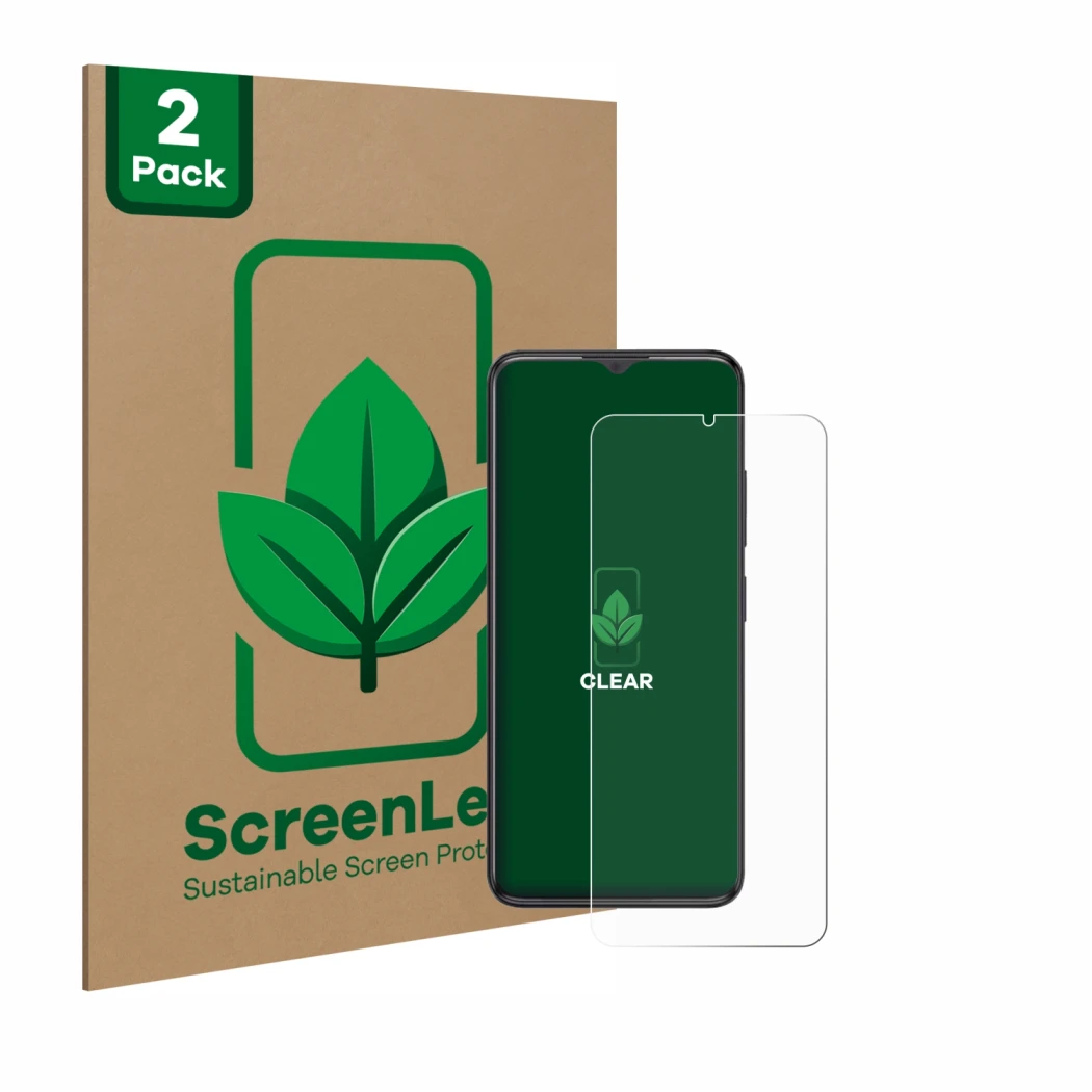 Parte frontal de un envase de producto con el logotipo de la marca ScreenLeaf. Al lado se muestra el dispositivo ZTE Blade A34