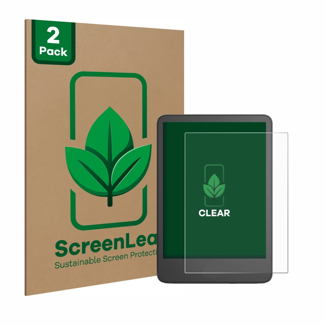 Parte frontal de un envase de producto con el logotipo de la marca ScreenLeaf. Al lado se muestra el dispositivo Amazon Kindle