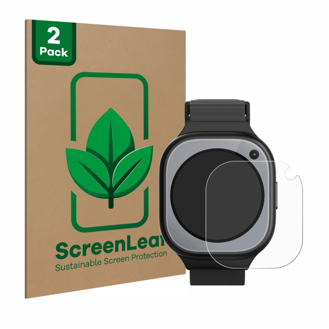 Parte frontal de un envase de producto con el logotipo de la marca ScreenLeaf. Al lado se muestra el dispositivo Xplora X6Pro 