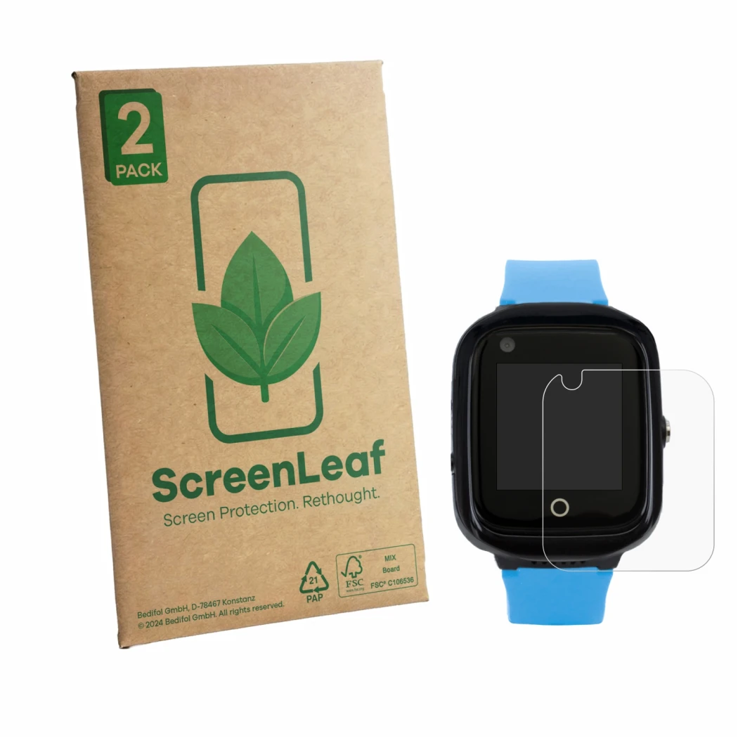 Parte frontal de un envase de producto con el logotipo de la marca ScreenLeaf. Al lado se muestra el dispositivo One2Track Con