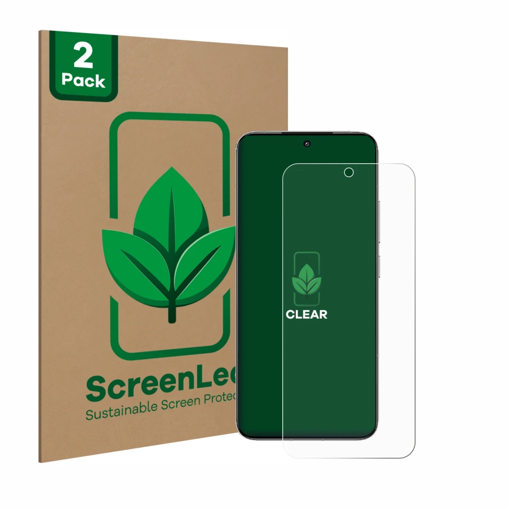 Parte frontal de un envase de producto con el logotipo de la marca ScreenLeaf. Al lado se muestra el dispositivo Xiaomi 15 con