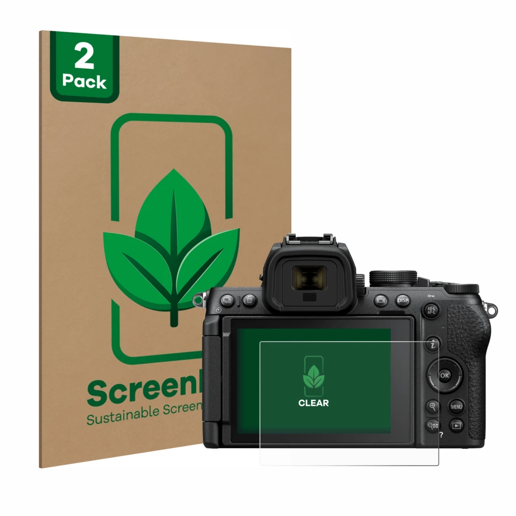 Parte frontal de un envase de producto con el logotipo de la marca ScreenLeaf. Al lado se muestra el dispositivo Nikon Z50 II 