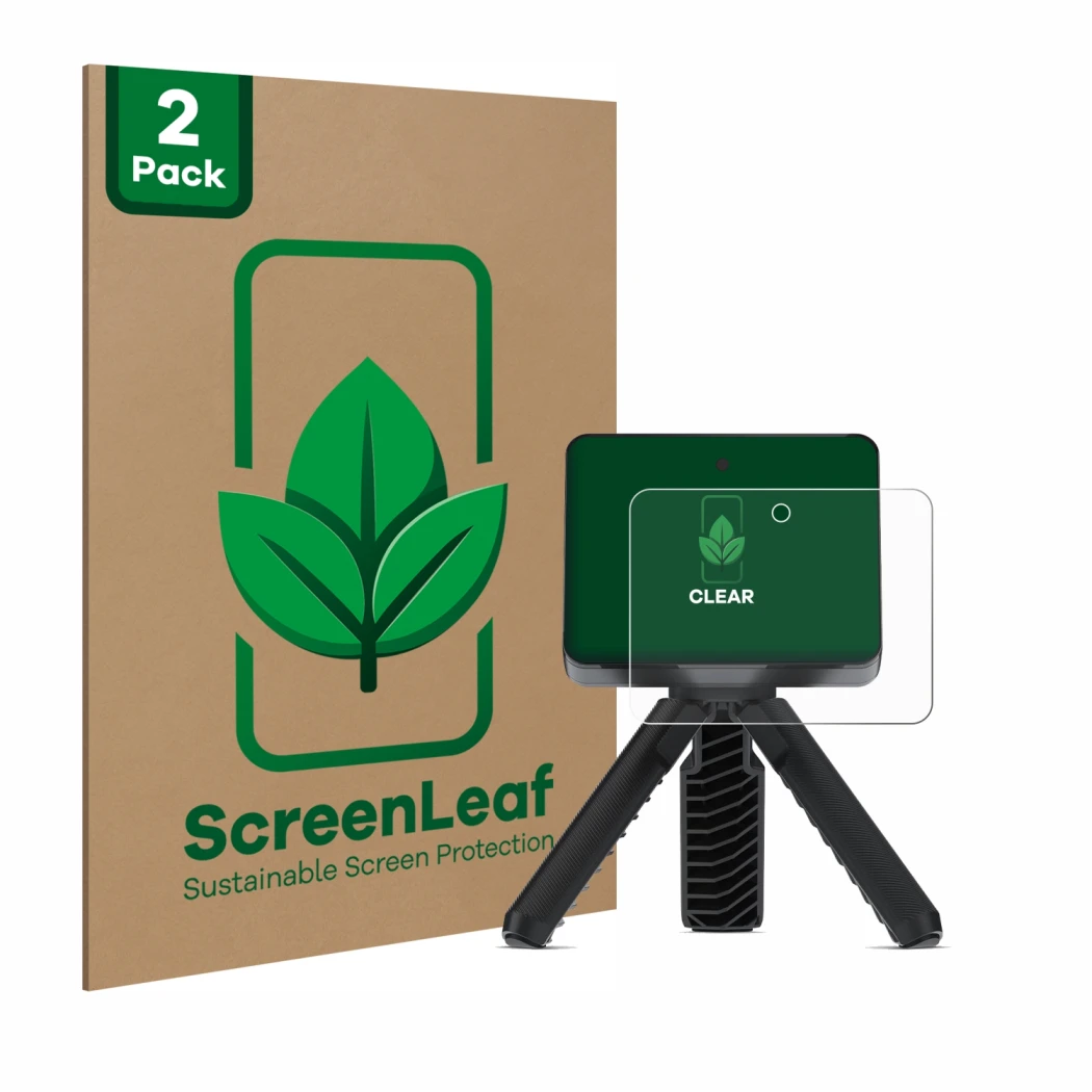 Parte frontal de un envase de producto con el logotipo de la marca ScreenLeaf. Al lado se muestra el dispositivo Garmin Approa