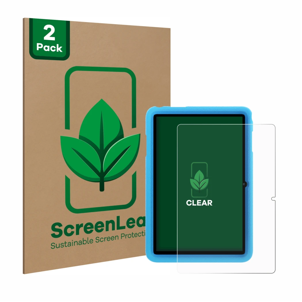 Parte frontal de un envase de producto con el logotipo de la marca ScreenLeaf. Al lado se muestra el dispositivo Blackview Tab