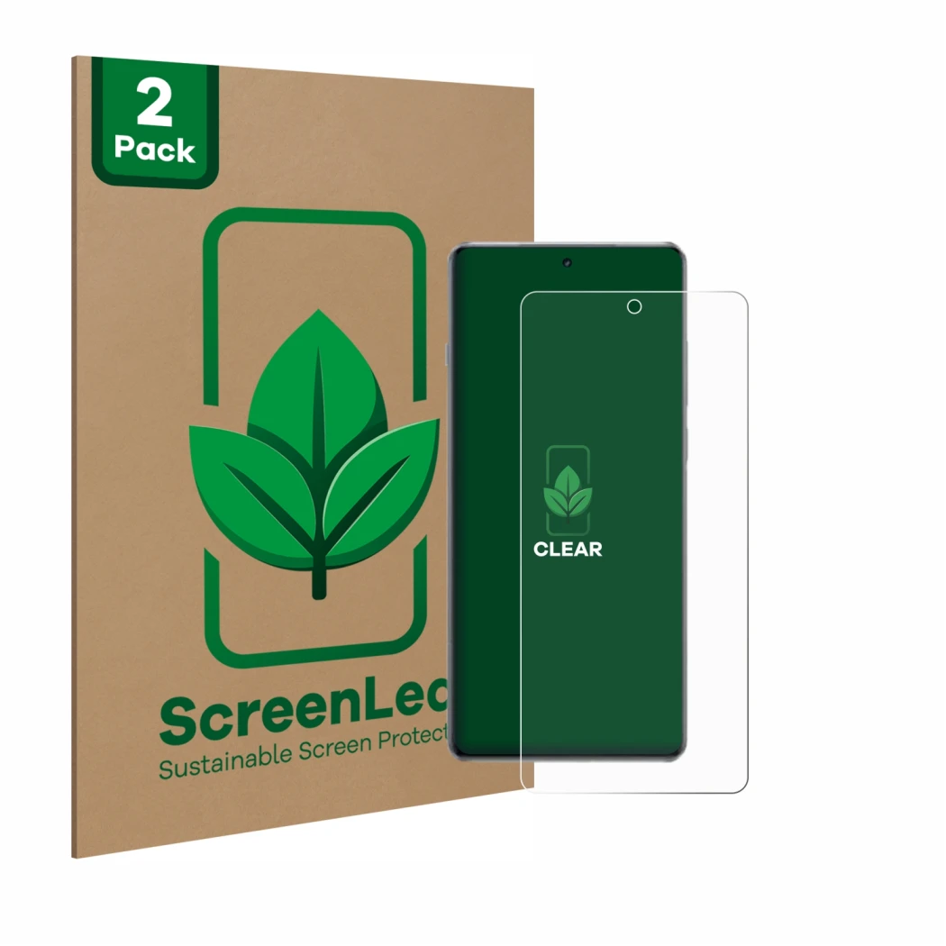 Parte frontal de un envase de producto con el logotipo de la marca ScreenLeaf. Al lado se muestra el dispositivo OnePlus 13R c