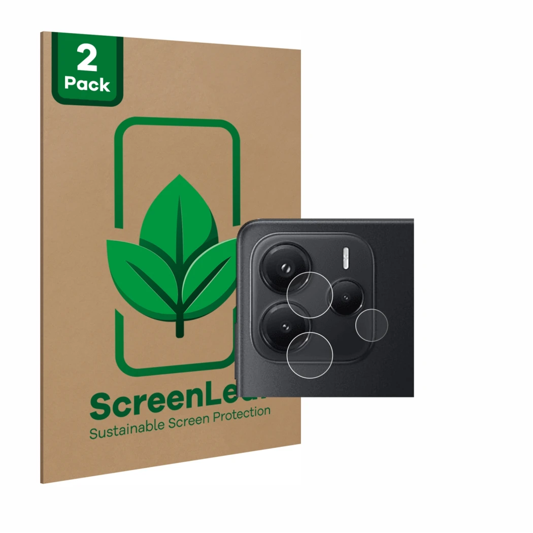 Parte frontal de un envase de producto con el logotipo de la marca ScreenLeaf. Al lado se muestra el dispositivo Xiaomi Redmi 