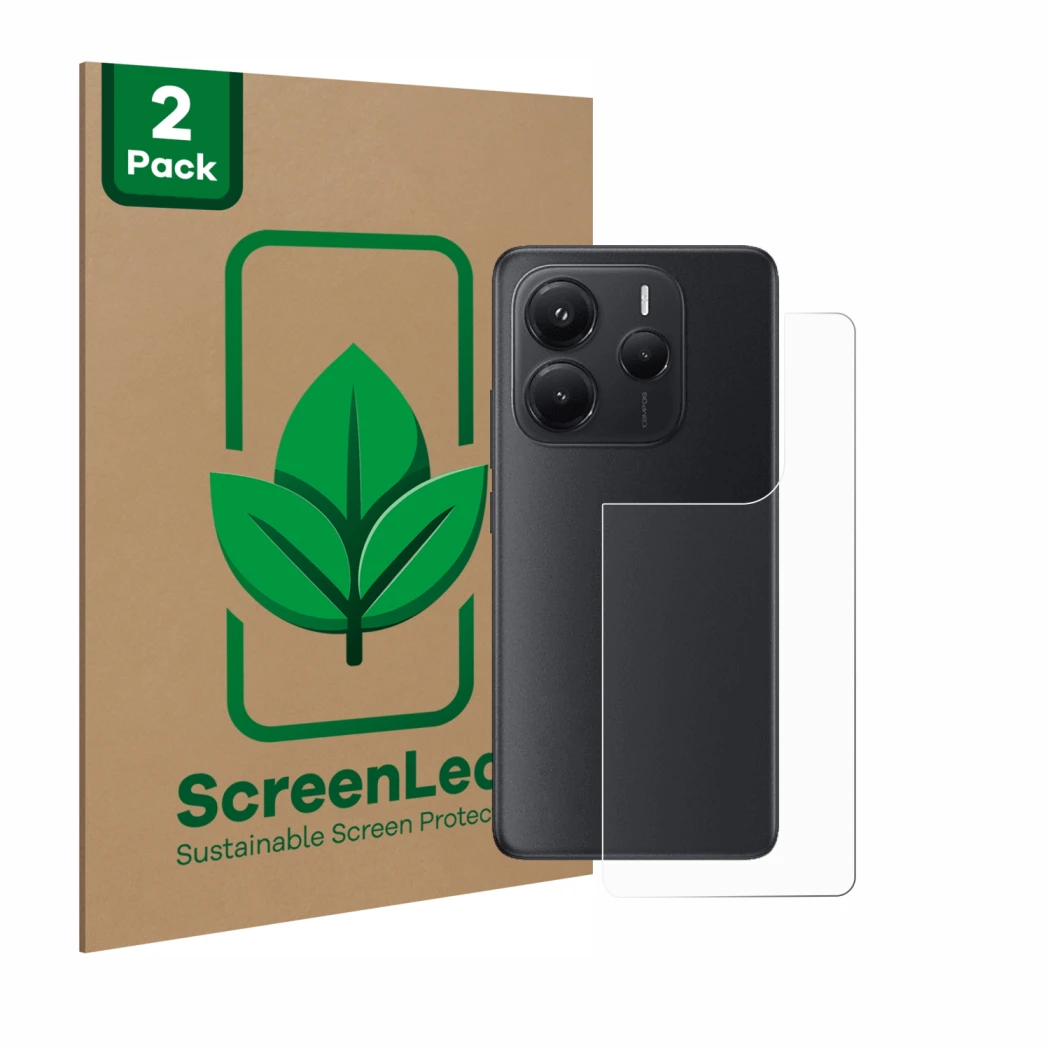 Parte frontal de un envase de producto con el logotipo de la marca ScreenLeaf. Al lado se muestra el dispositivo Xiaomi Redmi 