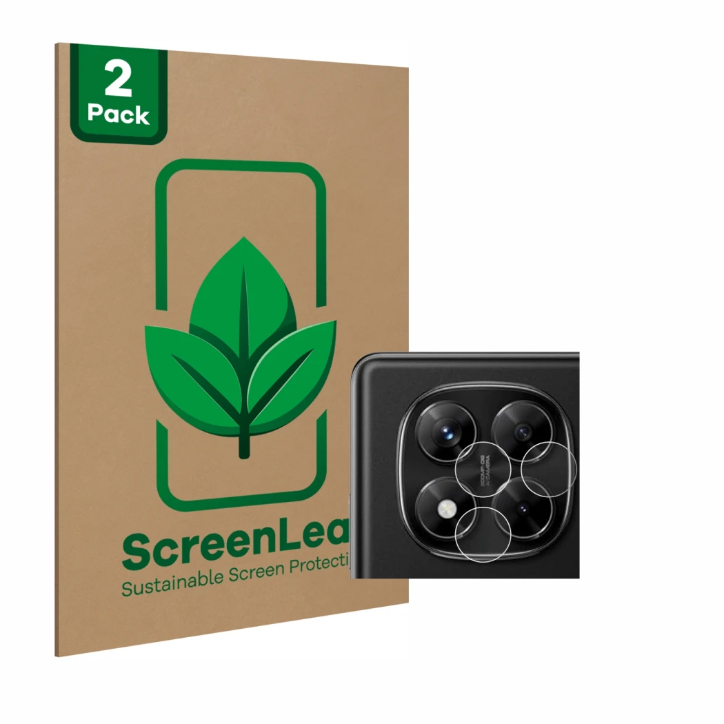 Parte frontal de un envase de producto con el logotipo de la marca ScreenLeaf. Al lado se muestra el dispositivo Xiaomi Redmi 