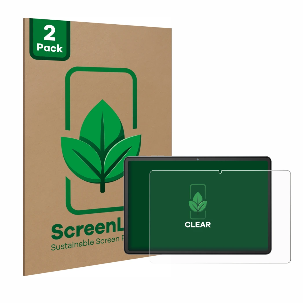 Parte frontal de un envase de producto con el logotipo de la marca ScreenLeaf. Al lado se muestra el dispositivo Blackview Tab