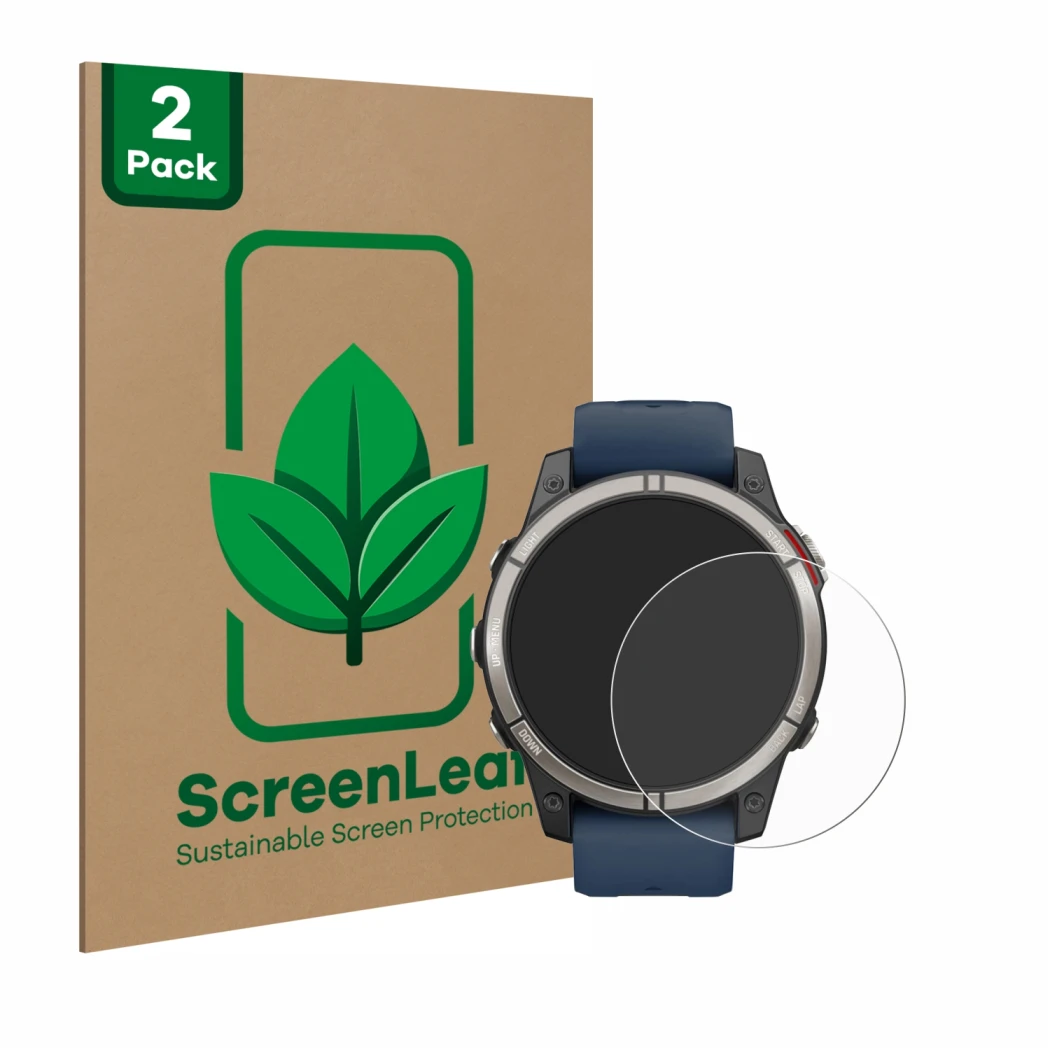 Parte frontal de un envase de producto con el logotipo de la marca ScreenLeaf. Al lado se muestra el dispositivo Garmin quatix