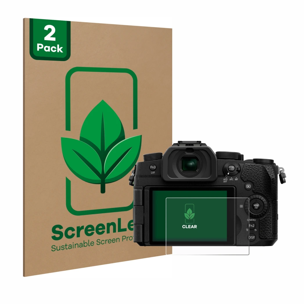 Parte frontal de un envase de producto con el logotipo de la marca ScreenLeaf. Al lado se muestra el dispositivo Panasonic Lum