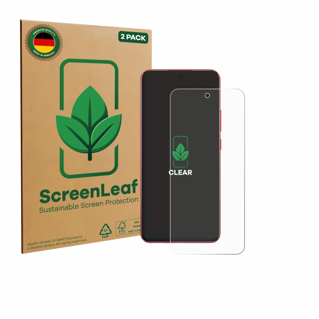 Parte frontal de un envase de producto con el logotipo de la marca ScreenLeaf. Al lado se muestra el dispositivo Oppo A5 Pro c