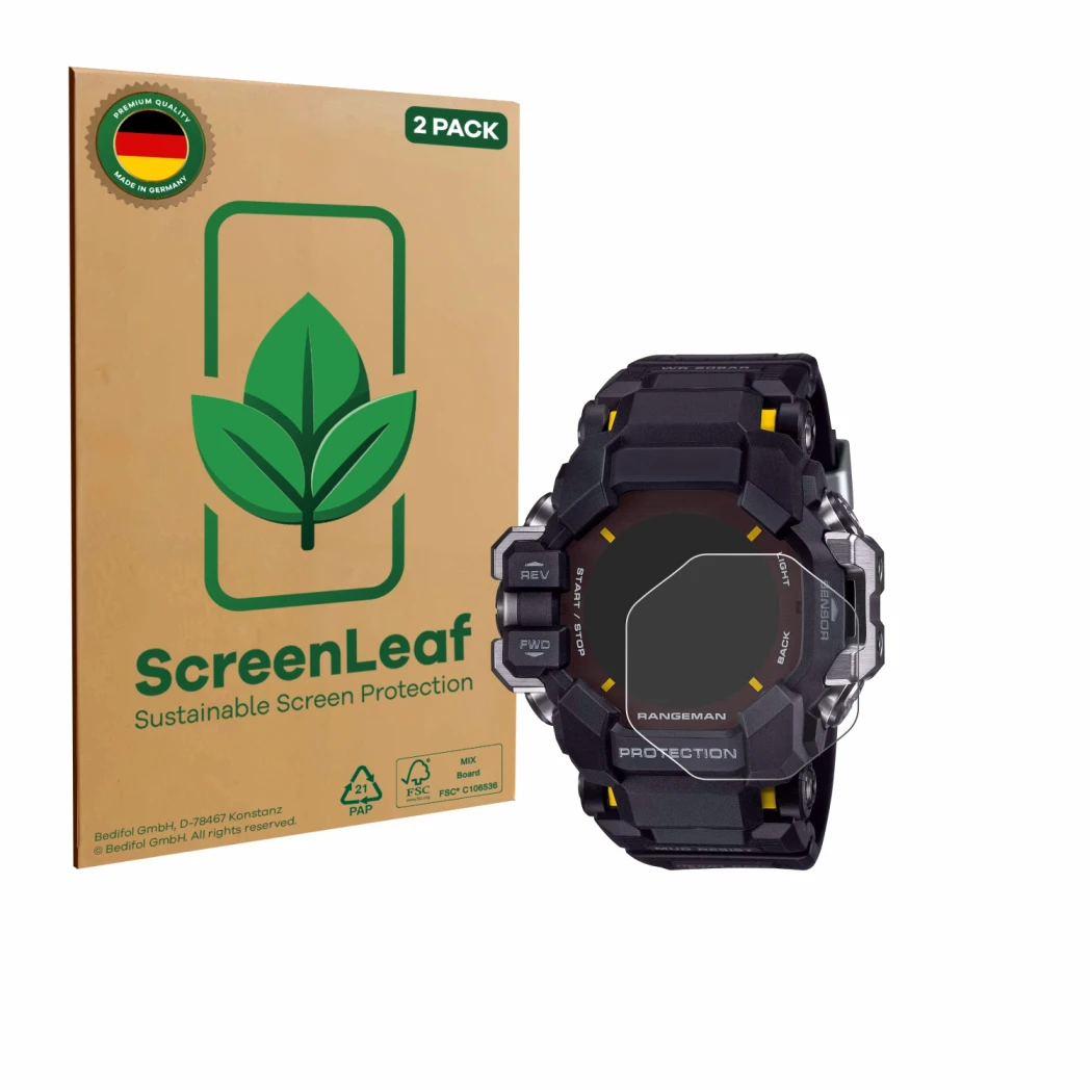 Parte frontal de un envase de producto con el logotipo de la marca ScreenLeaf. Al lado se muestra el dispositivo Casio G-Shock