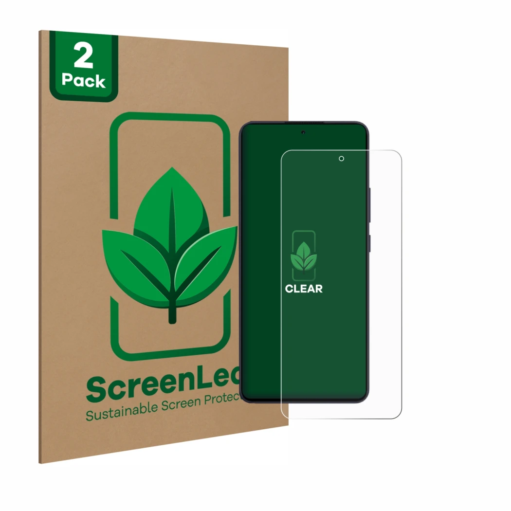 Parte frontal de un envase de producto con el logotipo de la marca ScreenLeaf. Al lado se muestra el dispositivo Oppo Reno 13 