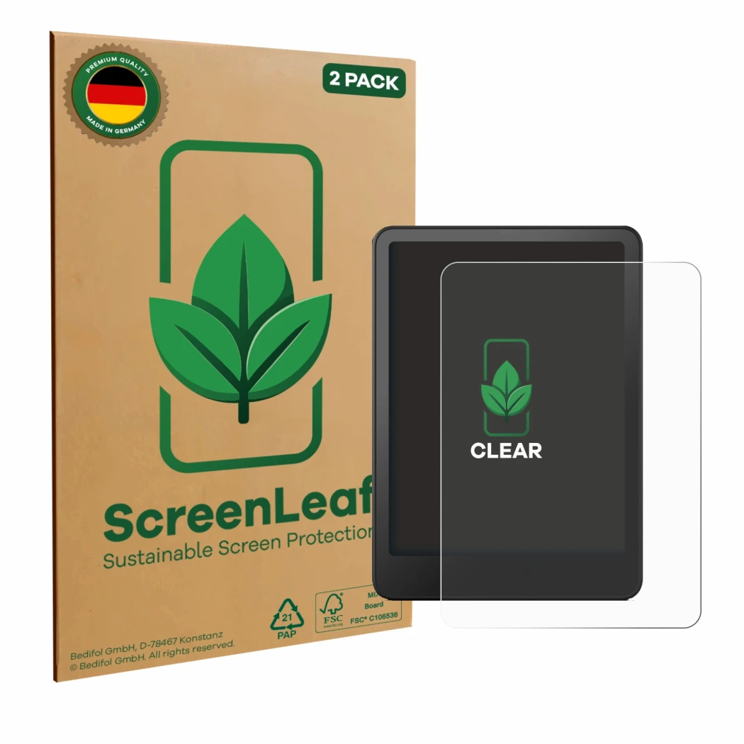 Parte frontal de un envase de producto con el logotipo de la marca ScreenLeaf. Al lado se muestra el dispositivo Amazon Kindle
