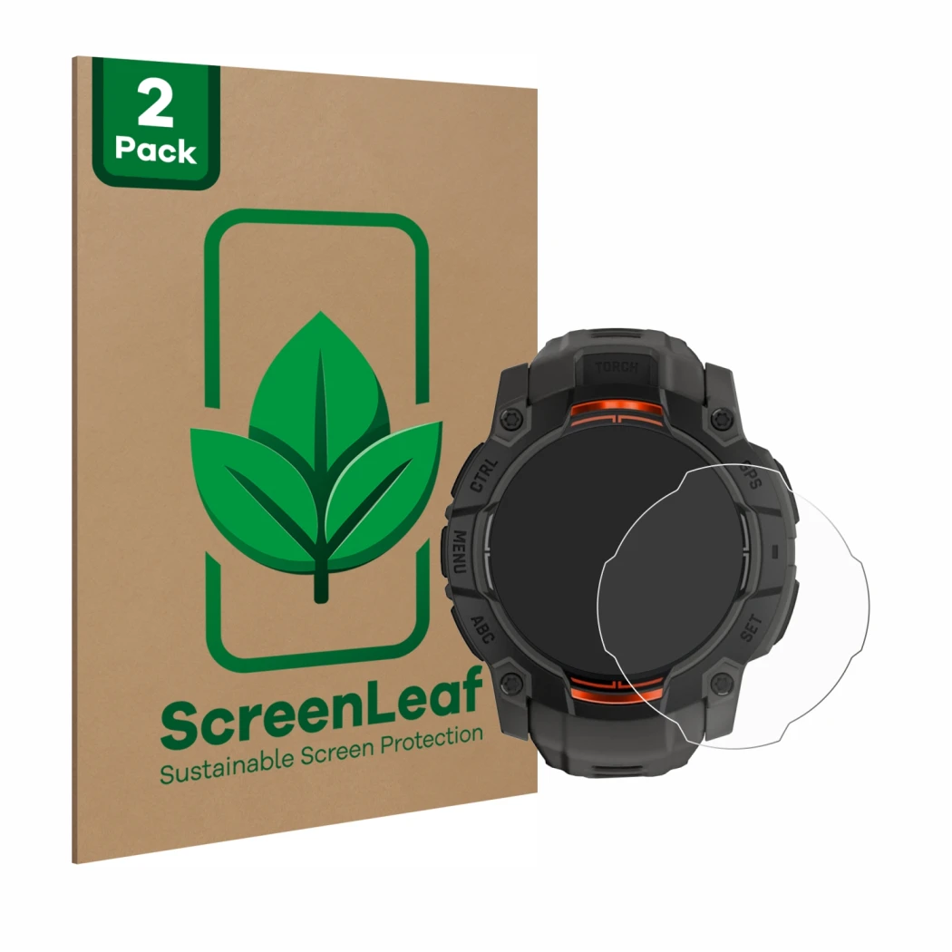 Parte frontal de un envase de producto con el logotipo de la marca ScreenLeaf. Al lado se muestra el dispositivo Garmin Instin