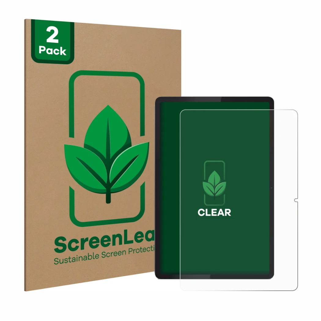 Parte frontal de un envase de producto con el logotipo de la marca ScreenLeaf. Al lado se muestra el dispositivo Lenovo Tab 20