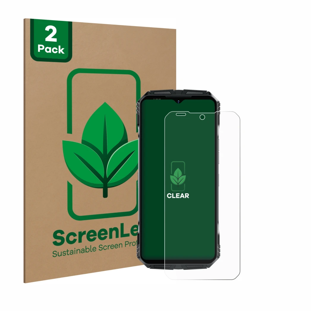 Parte frontal de un envase de producto con el logotipo de la marca ScreenLeaf. Al lado se muestra el dispositivo Doogee S118 P