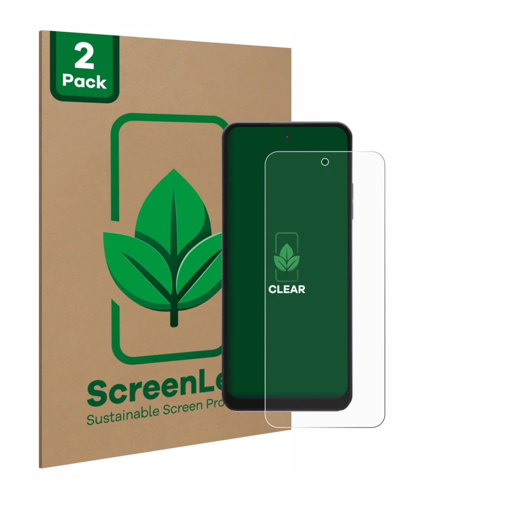 Parte frontal de un envase de producto con el logotipo de la marca ScreenLeaf. Al lado se muestra el dispositivo Hotwav Note 1