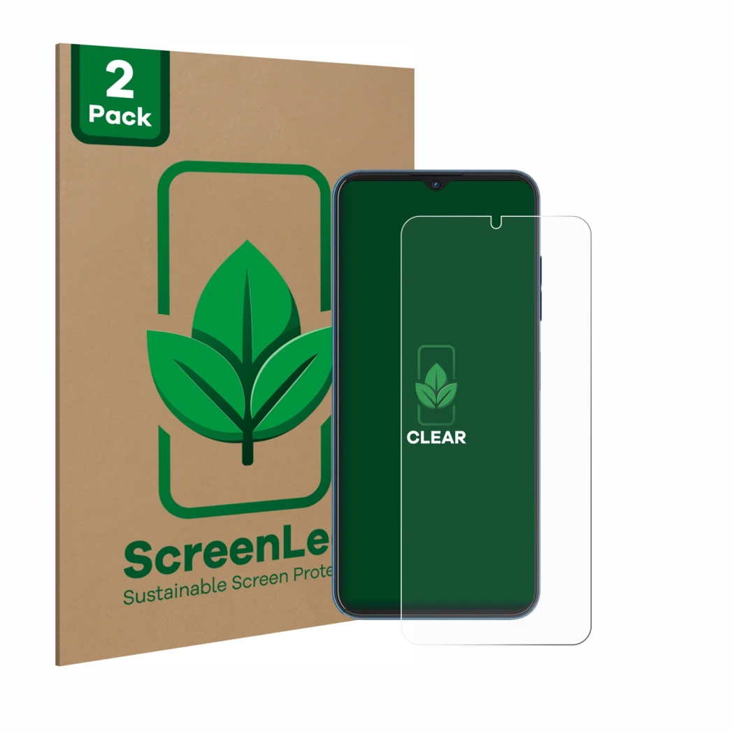 Parte frontal de un envase de producto con el logotipo de la marca ScreenLeaf. Al lado se muestra el dispositivo Hotwav Note 1