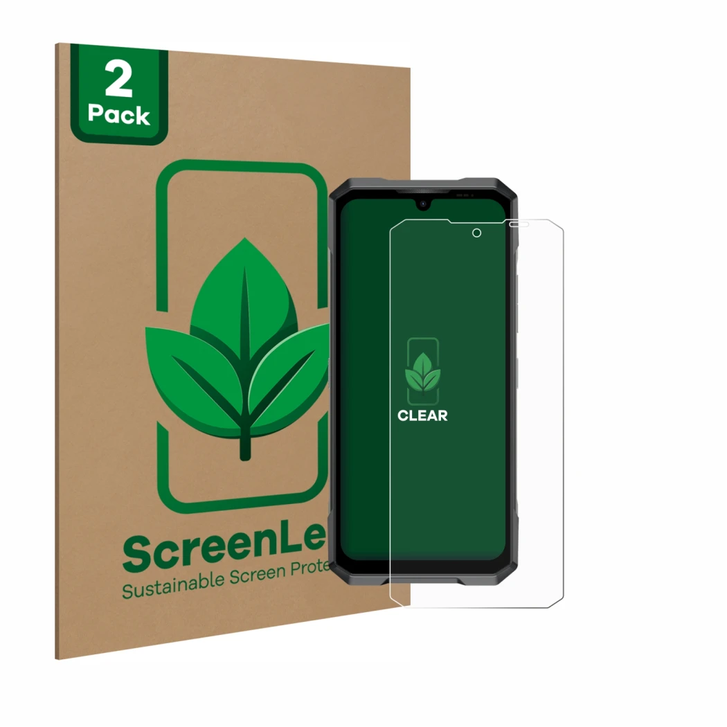 Parte frontal de un envase de producto con el logotipo de la marca ScreenLeaf. Al lado se muestra el dispositivo Doogee Blade 
