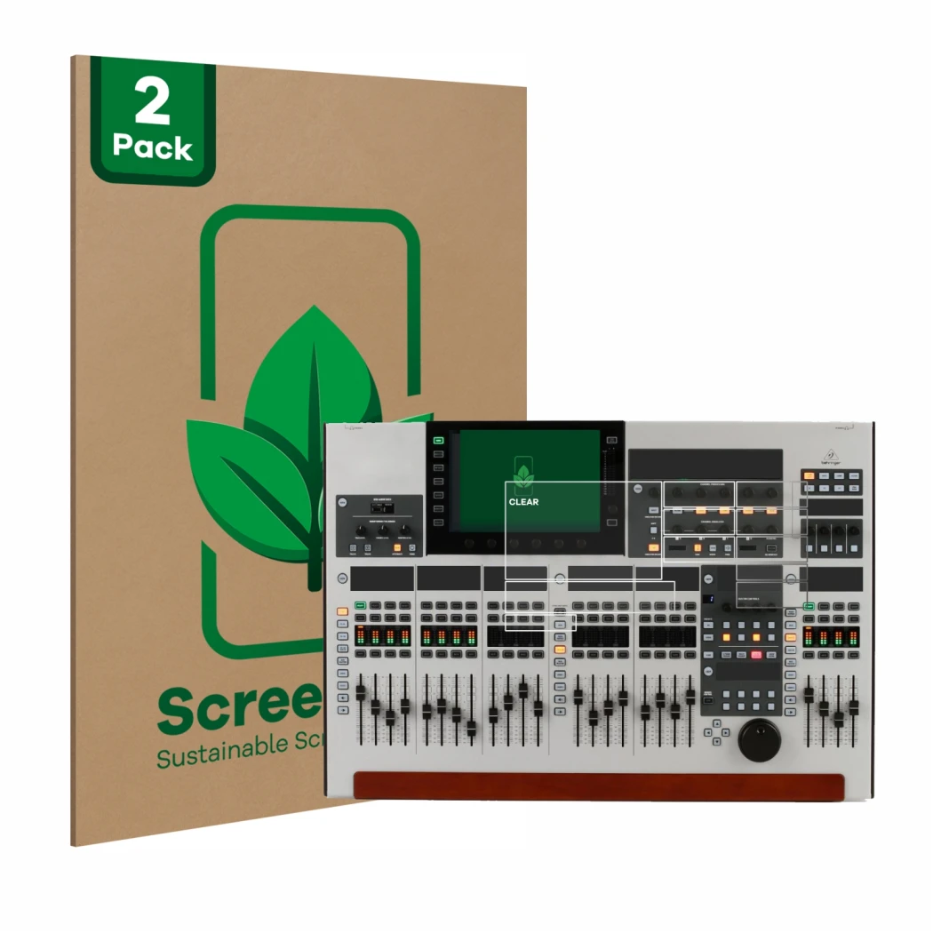 Parte frontal de un envase de producto con el logotipo de la marca ScreenLeaf. Al lado se muestra el dispositivo Behringer Win