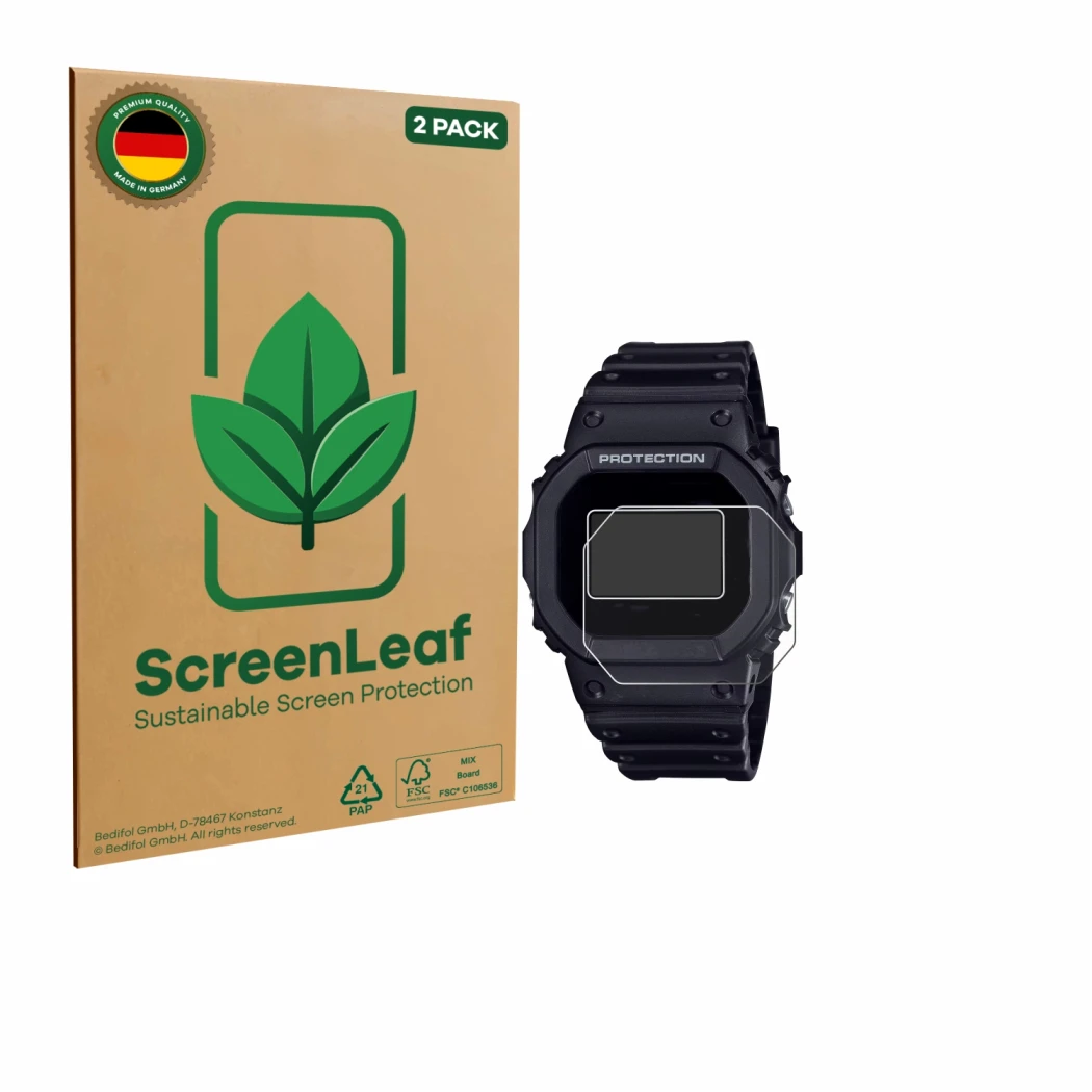 Parte frontal de un envase de producto con el logotipo de la marca ScreenLeaf. Al lado se muestra el dispositivo Casio G-Shock
